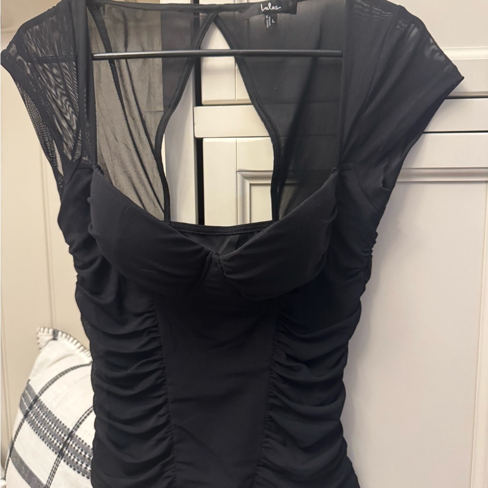 Lulus Black stretch mesh cropped buster top Large - Picture 4 of 5